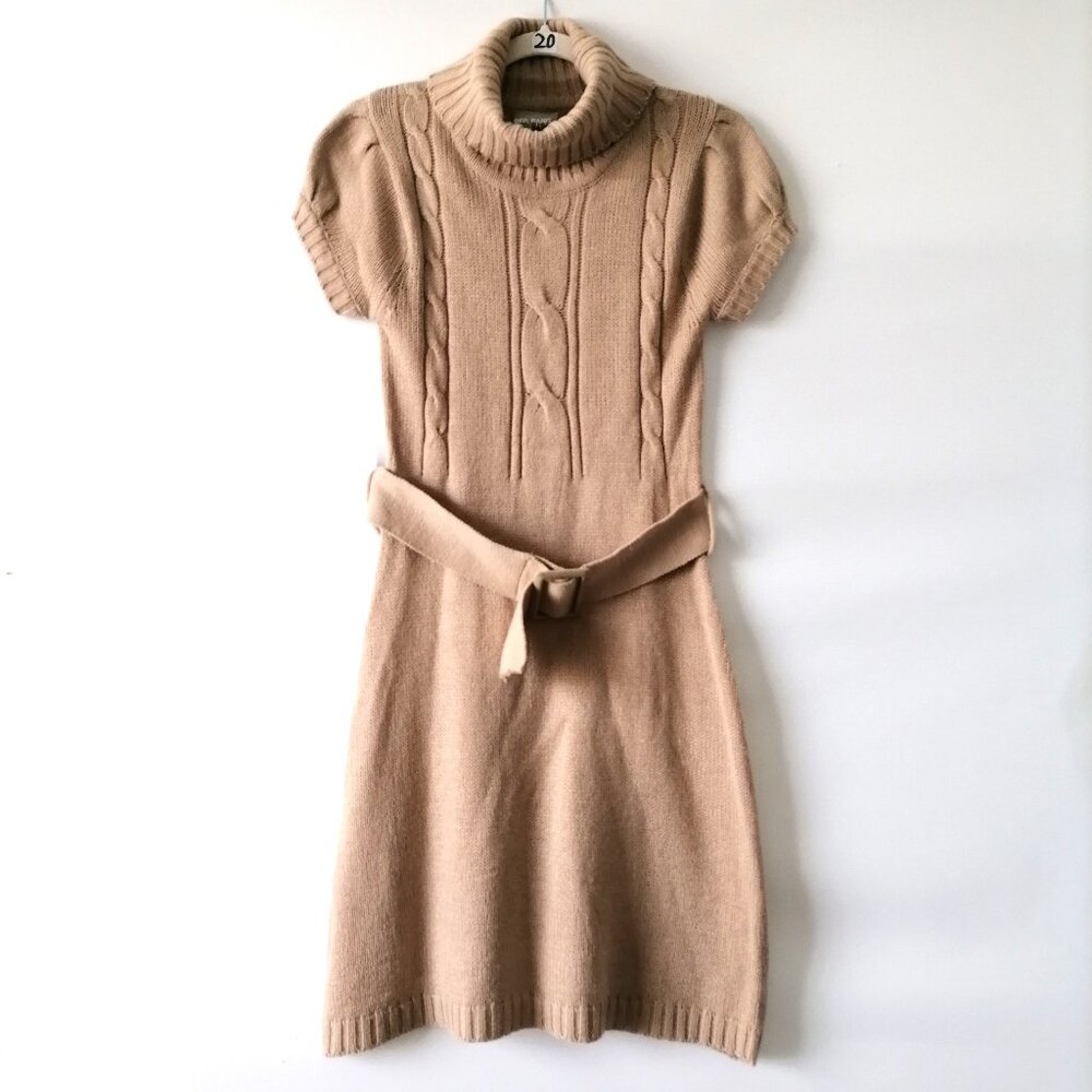 NWT Red Paint Beige Puff Sleeve Turtle Neck Belted Knitted Sweater Dress Size